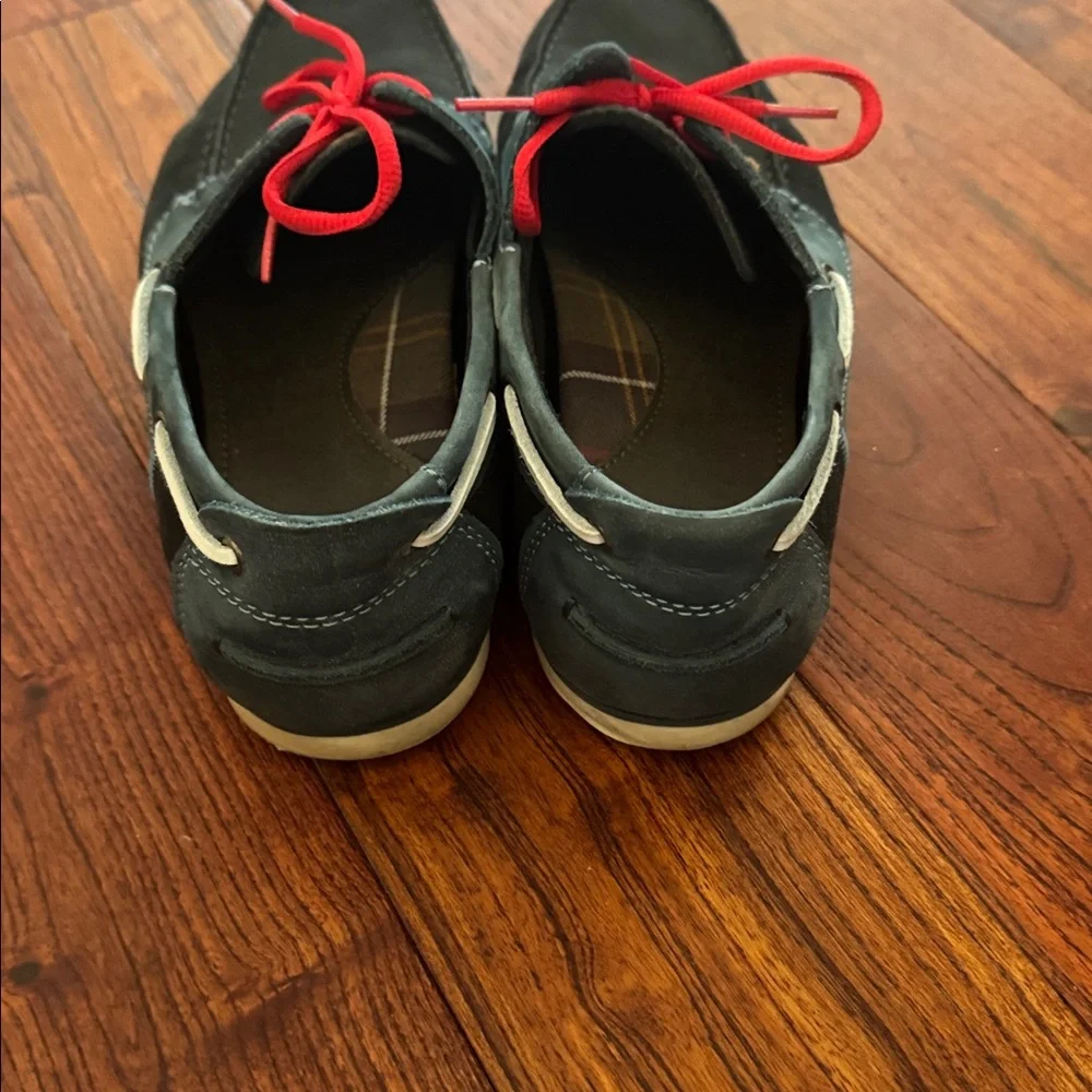 Barbour Wake leather and suede boat shoes in washed blue with red laces